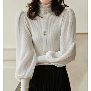 Women Ruffle Mock Neck‎ Puff Sleeve Knit Sweater Top Blouse Lightweight Office